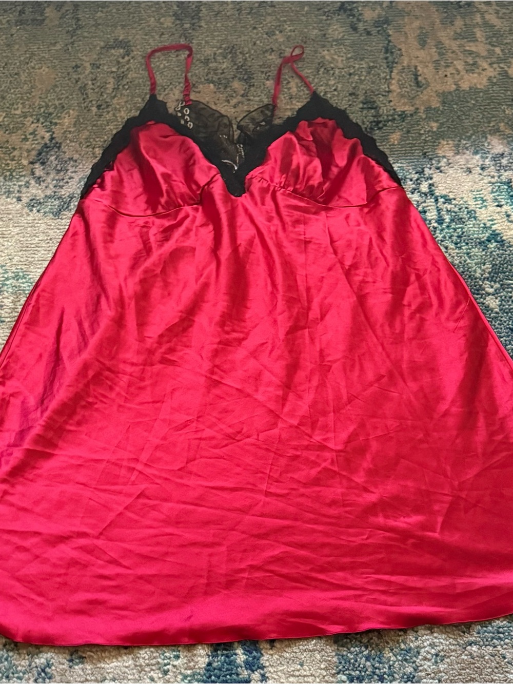 Women's Red Satin Slip Nightdress with Black Lace Trim